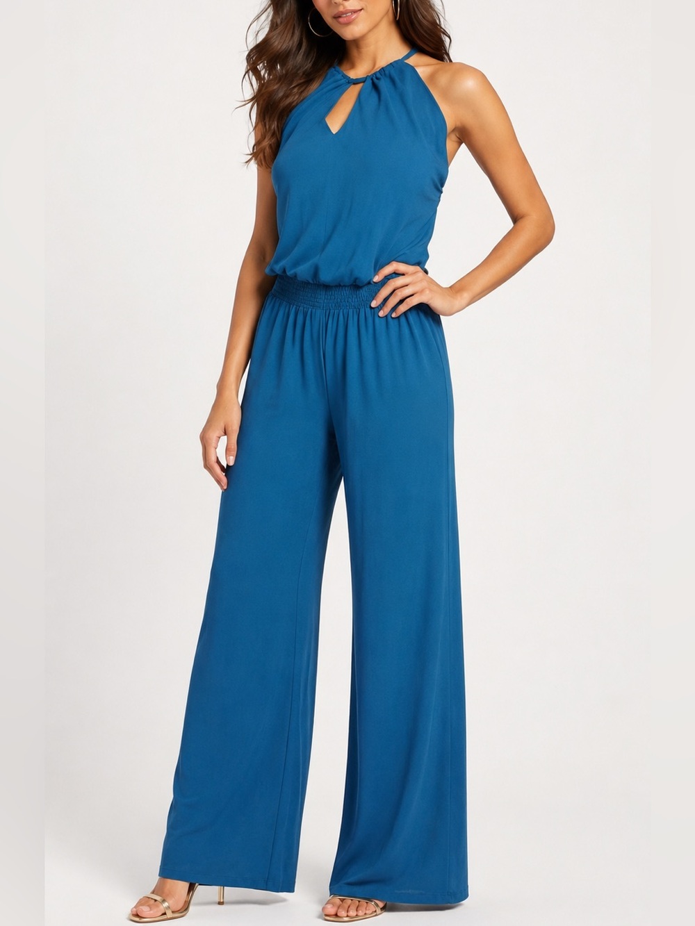 Guess by Marciano Teal Halter Keyhole Wide-Leg Jumpsuit